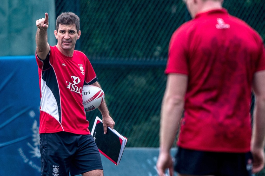 Hong Kong sevens coach Gareth Baber gives his charges some pointers during a team training session ahead of the 2016 Hong Kong Sevens. Photos: HKRU