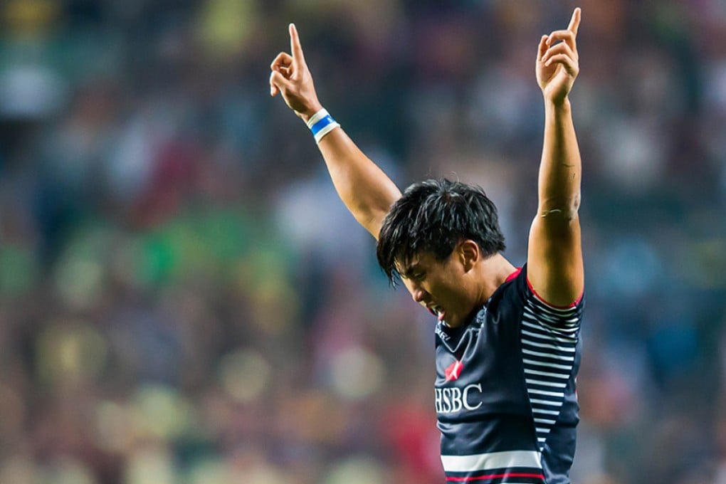 Cado Lee Ka-to celebrates Hong Kong's surprise quarter-final win against Spain on Saturday which keeps the hosts' Qualifier dream rolling on at the 2016 Sevens. Photo: HKRU