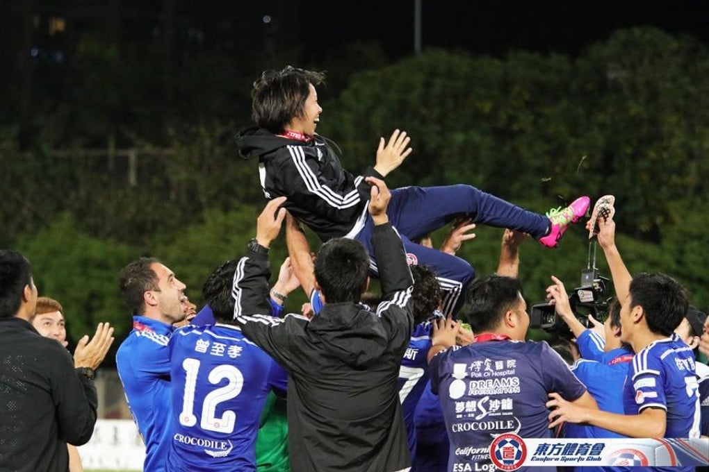 Chan is thrown in the air by her players. Photo: Eastern FC