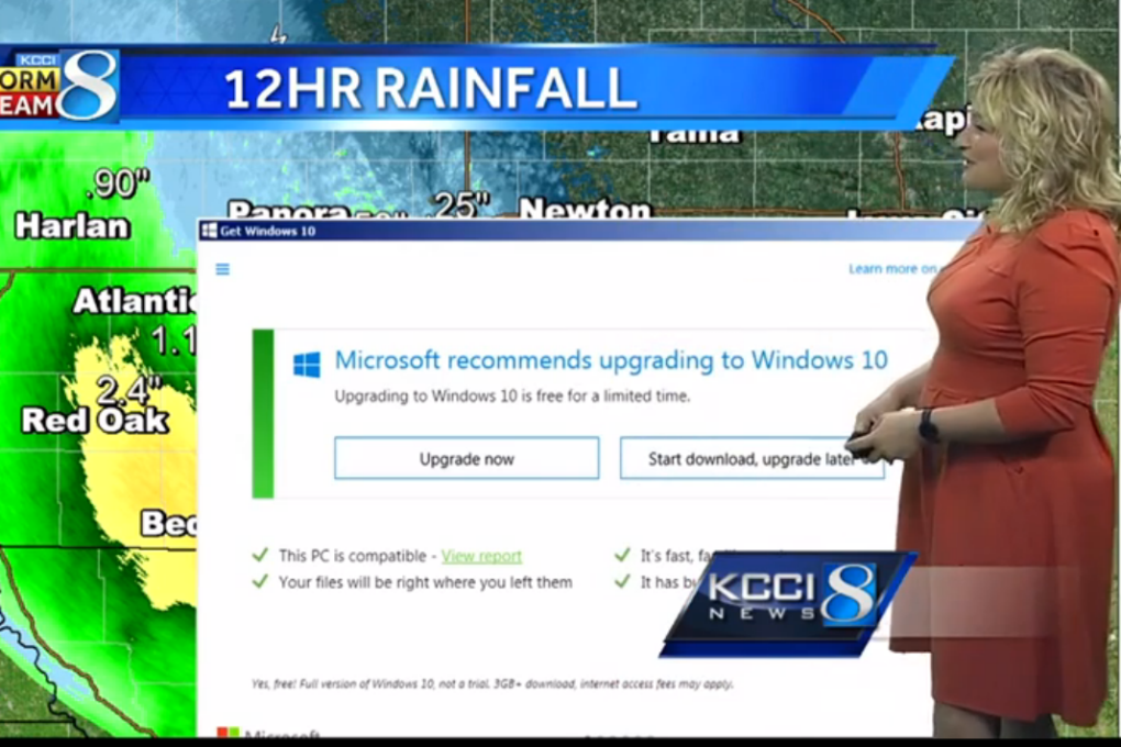 The unexpected window offered the choices of 'upgrading now', or 'start download, upgrade later' but Meteorologist Metinka Slater switched to another video source instead. Photo: KCCI 8 via BetaNews