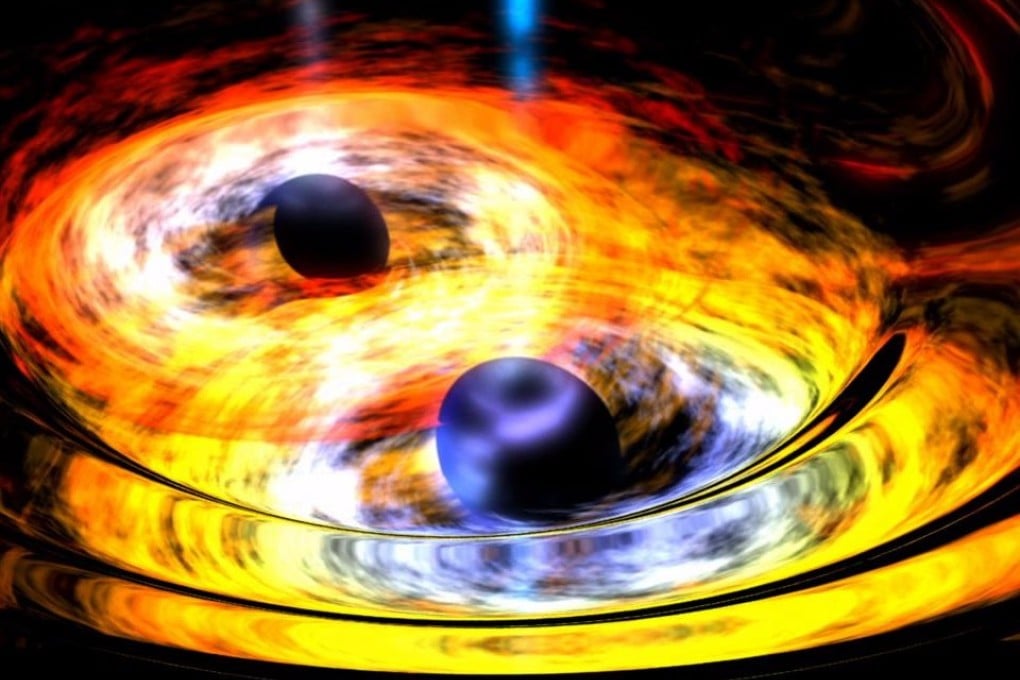 An illustration of two black holes colliding. Photo: NASA