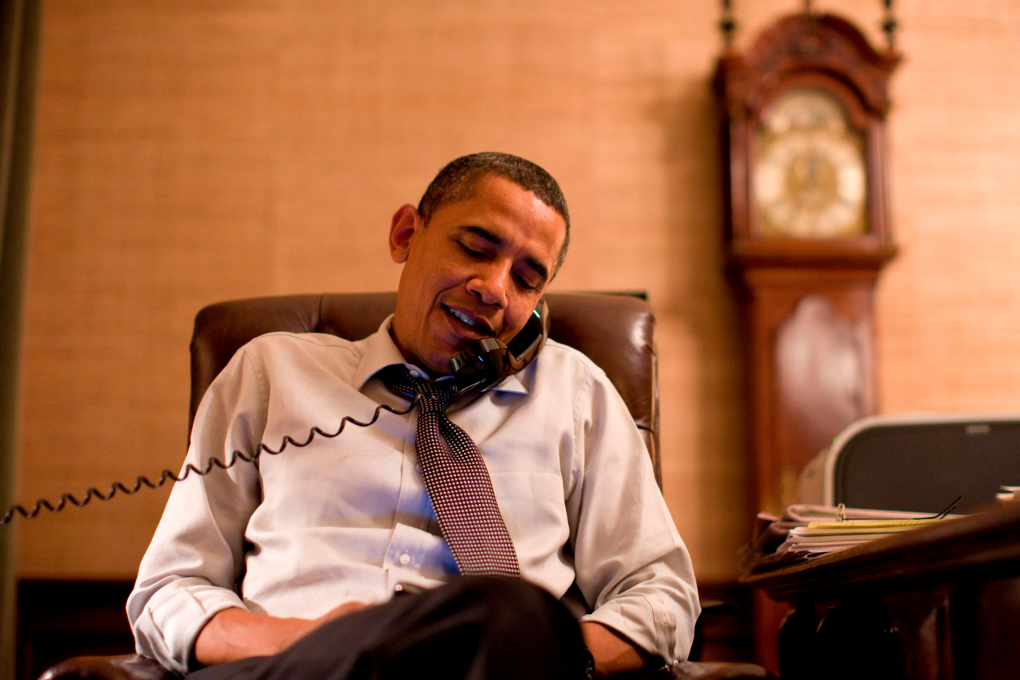 US President Barack Obama makes an election-night phone call to Rep. John Boehner (R-Ohio) from his Treaty Room office in the White House residence a couple of minutes after midnight in November, 2010.Photo: Reuters/Pete Souza/White House handout