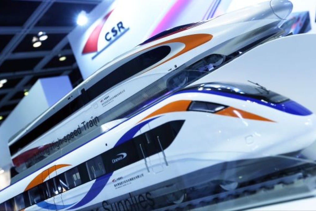 High-speed train models displayed at the HKCEC. Photo: K.Y. Cheng / SCMP