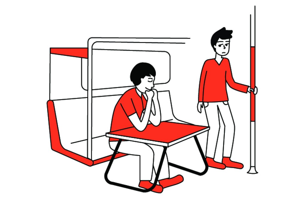 On April 4, a woman unfolds a table on the MTR. Illustration: Joyce Kwok