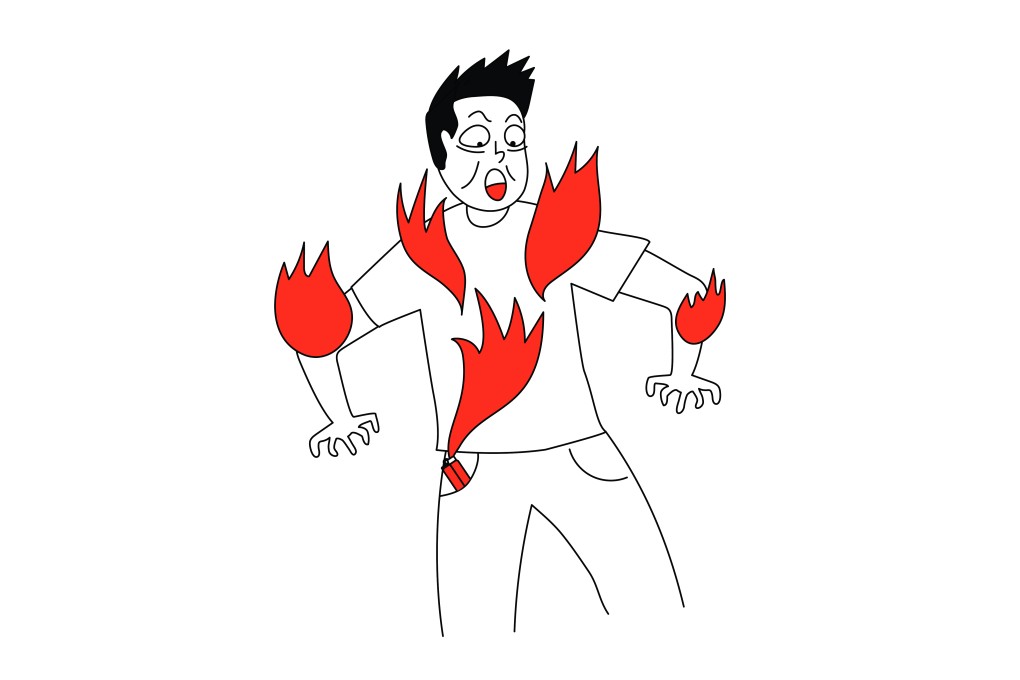On April 26, a man considers quitting smoking after his pocket lighter bursts into flames. Illustration: Joyce Kwok