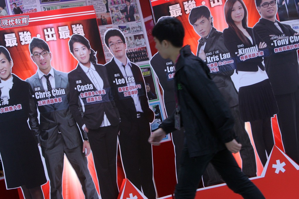 Many secondary students pay what’s almost a full year’s tuition at the University of Hong Kong on cram school and tutor kings, advertised above, to secure a spot in university. Photo: K.Y. Cheng/SCMP