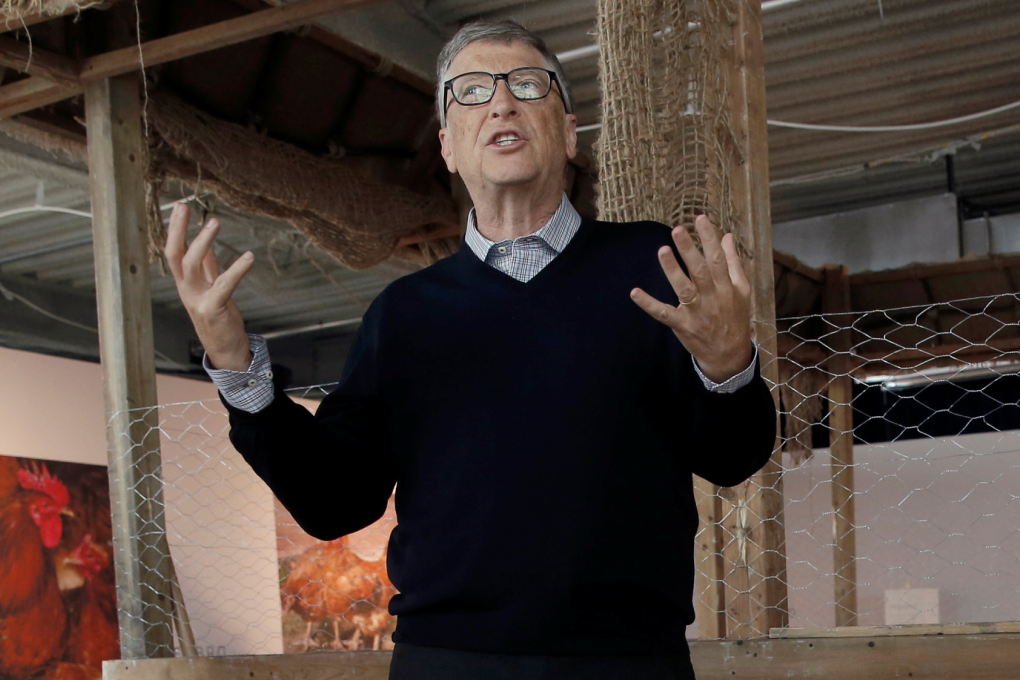 Billionaire philanthropist and Microsoft's co-founder Bill Gates speaks to the media, in front of a chicken coop set up on the 68th floor of the 4 World Trade Center tower in Manhattan, Bill Gates in New York last June announcing that he is donating 100,000 chicks to developing countries with the goal of ending extreme poverty. Photo: REUTERS/Mike Segar