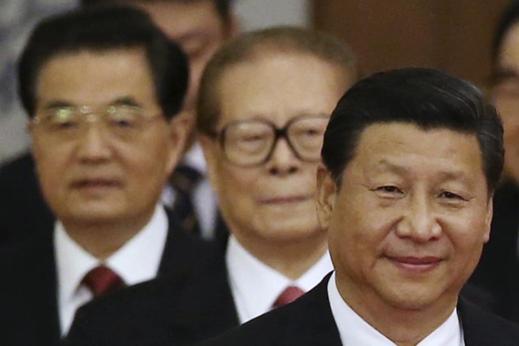 Communist Party general secretary Xi Jinping (right) with retired leaders Hu Jintao (left) and Jiang Zemin in Beijing in September 2014. Photo: Reuters
