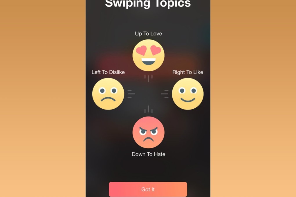 When browsing the topics, you can swipe four ways on Hater to indicate how you feel. Photo: Hater