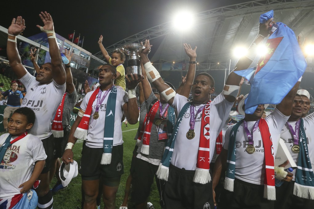 Fiji celebrate their win. Photo: KY Cheng