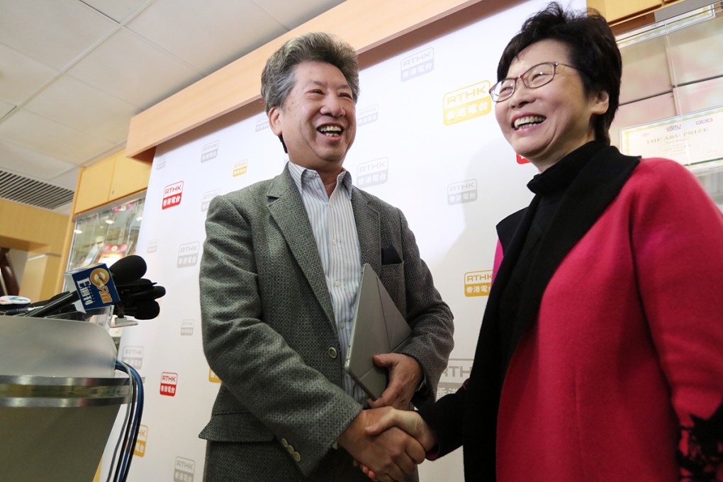Ronny Tong Ka-wah (L) shakes hands with Chief Executive-elect Carrie Lam Cheng Yuet-ngor, before a radio programme at RTHK in Kowloon Tong on March 28, 2017. Photo: Felix Wong