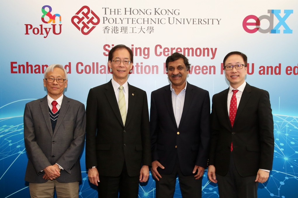 (Form left) Professor Philip C.H. Chan, PolyU Deputy President and Provost; Professor Timpthy W. Tong, PolyU President; Professor Anant Agarwal, Chief Executive Officer of edX; Professor Chetwyn Chan, PolyU Associate Vice President (Learning and Teaching)