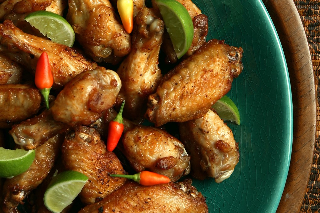 Recipes for chicken wings: Thai style, curried Cantonese style, and with pancetta, red pepper, mushroom and tomato