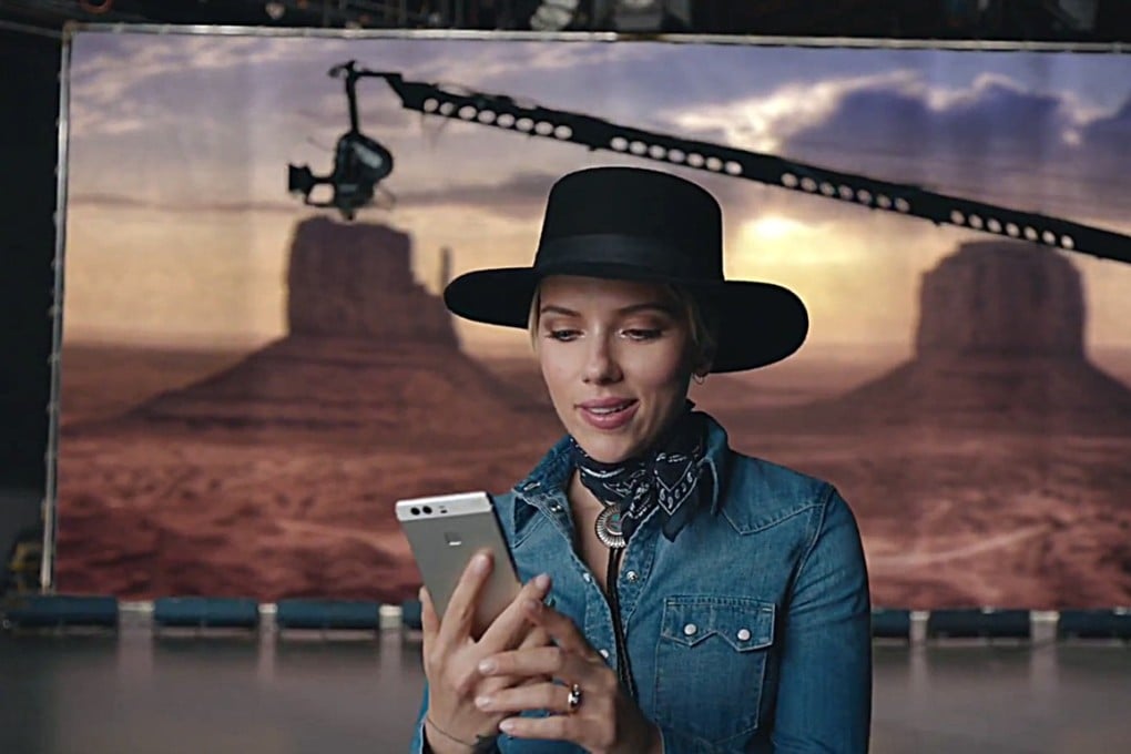 A screen grab of a 2016 advertisement on YouTube, showing the actress Scarlett Johansson in an advertisement for Huawei’s P9 smartphone. Photo : SCMP/Handout