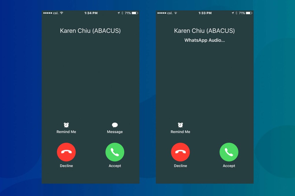 Regular call screen on the iPhone (left) and an incoming WhatsApp call with CallKit enabled (right)