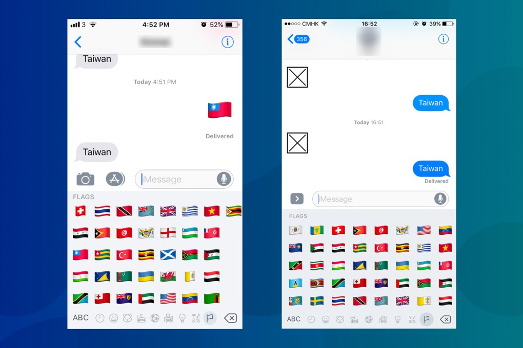 The emoji keyboard and Taiwan flag emoji as seen in two iPhones, one with region set to Hong Kong (left) and another to China (right).