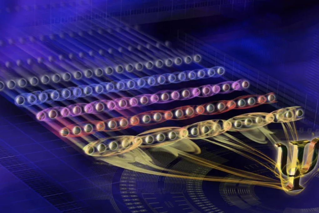 A European team observed entanglement between neighboring qubits in pairs (blue), groups of three (pink), groups of four (red) and groups of five (yellow). (Picture: IQOQI)