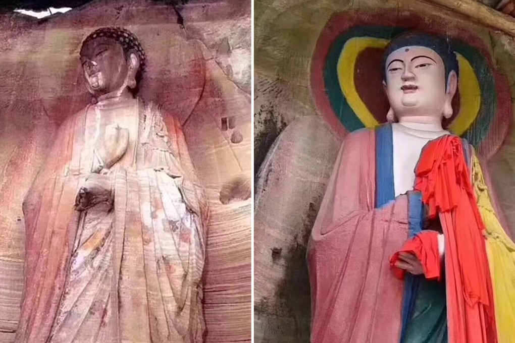 The garish restoration job of a Buddhist sculpture in Anyue township, Sichuan province. Photo: ThePaper.cn