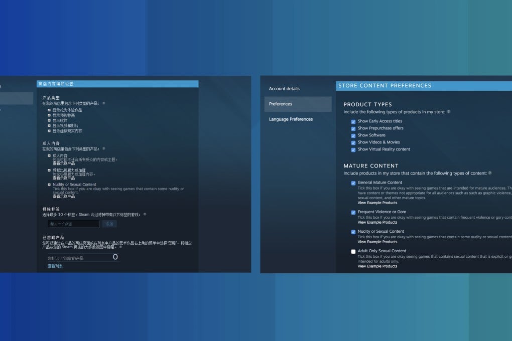 Steam’s China store allows users to see games that “contain some nudity or sexual content”, but “Adult Only Sexsual Content” is not included in content preferences. (Pictures: Steam)