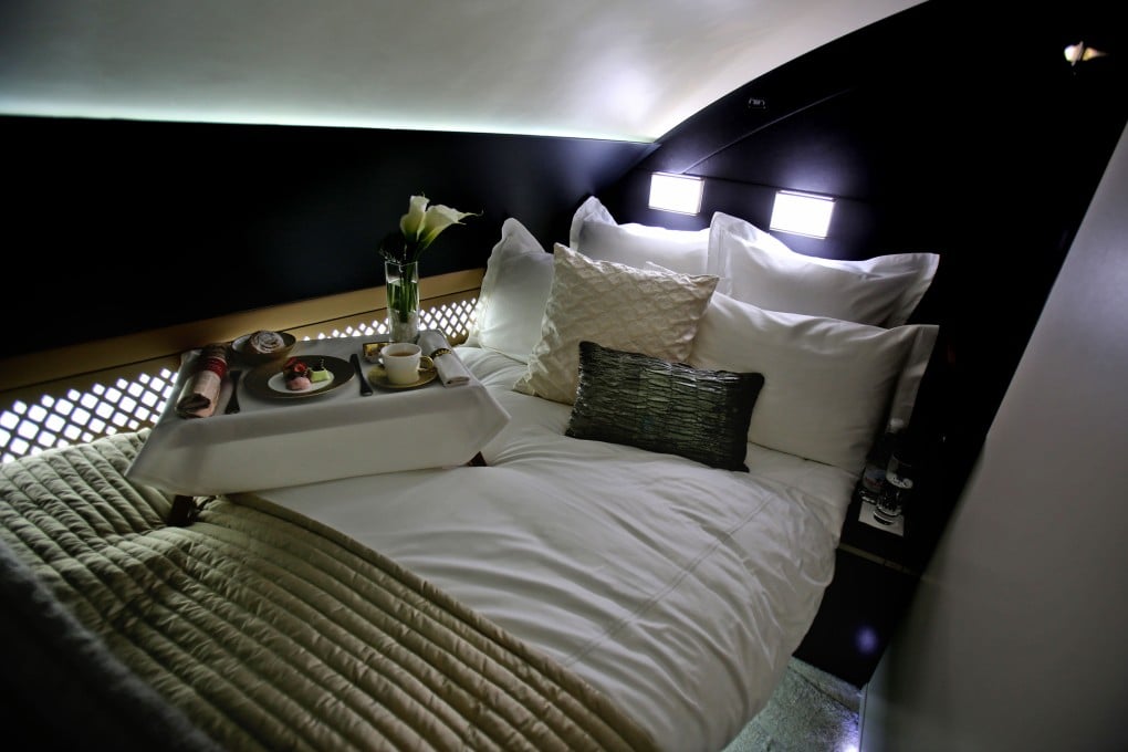 A mock-up of the "bedroom" of the 125 sq ft suite being offered by Etihad Airways aboard the airline's new Airbus A380. Photo: AP