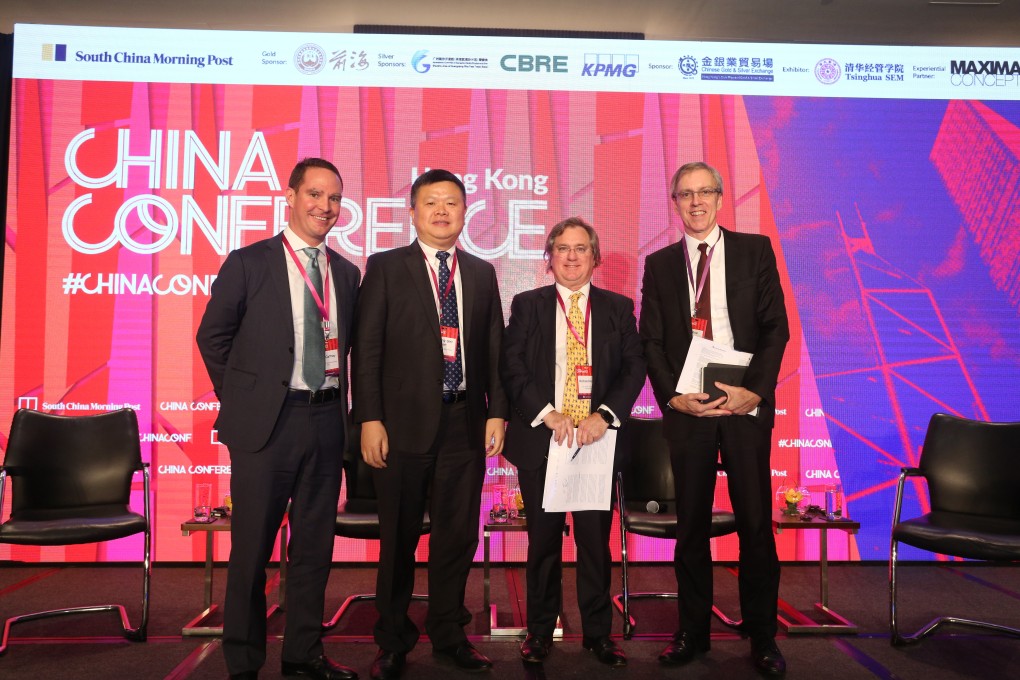 from left Tom Gaffney, regional managing director of CBRE Greater Bay Area & Hong Kong; Dr Shen Ming-gao, managing director and chief economist of Guangfa Securities Group; Richard Harris, chief executive officer of Port Shelter Investment Management and Dr Brian Murray, chief economist of AIA Group speaking at SCMP’s China Conference.
