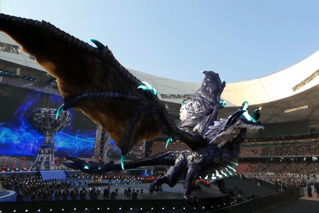 More than 40,000 fans showed up at the National Stadium in Beijing for the League of Legends World Championship in 2017, where a dragon was added onto the set using augmented reality. (Picture: Riot Games)