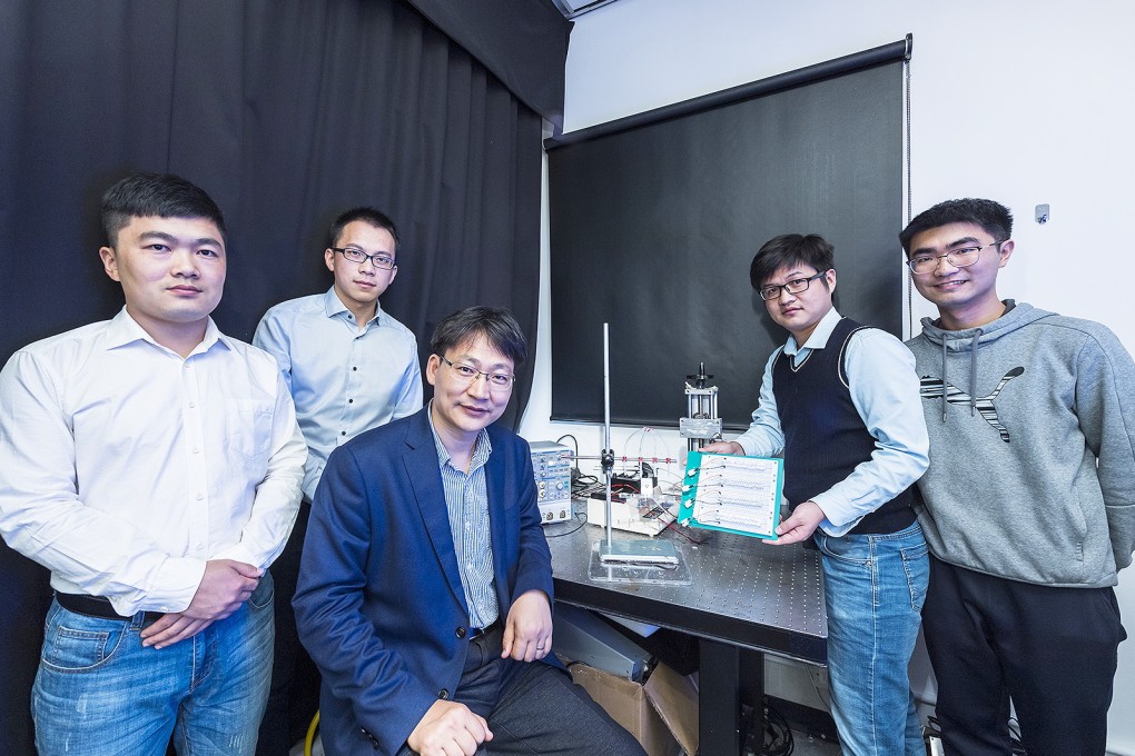 Members of the CityU research team: (from left) Mr Zheng Huanxi, Mr Xu Wanghuai, Professor Wang Zuankai, Dr Zhang Chao and Song Yuxin.