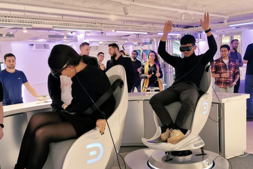 People trying out VR goggles at Huawei’s new flagship store in France. (Picture: Huawei via Twitter)