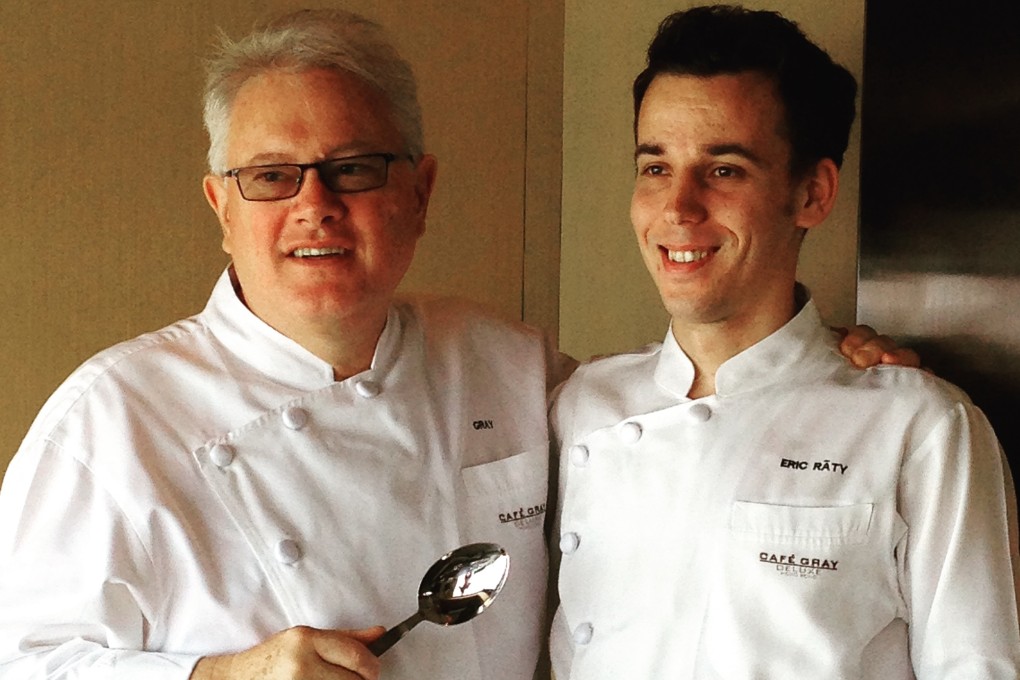 Gray Kunz (left) with Eric Raty at Cafe Gray Deluxe in Hong Kong. Raty worked there under Kunz for almost three years before opening Arbor in Hong Kong, which has two Michelin stars.