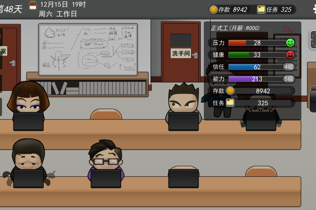 A typical day in the game My Office 996: It’s 7pm on a Saturday, but more than half the team is still in the office. (Picture: My Office 996)