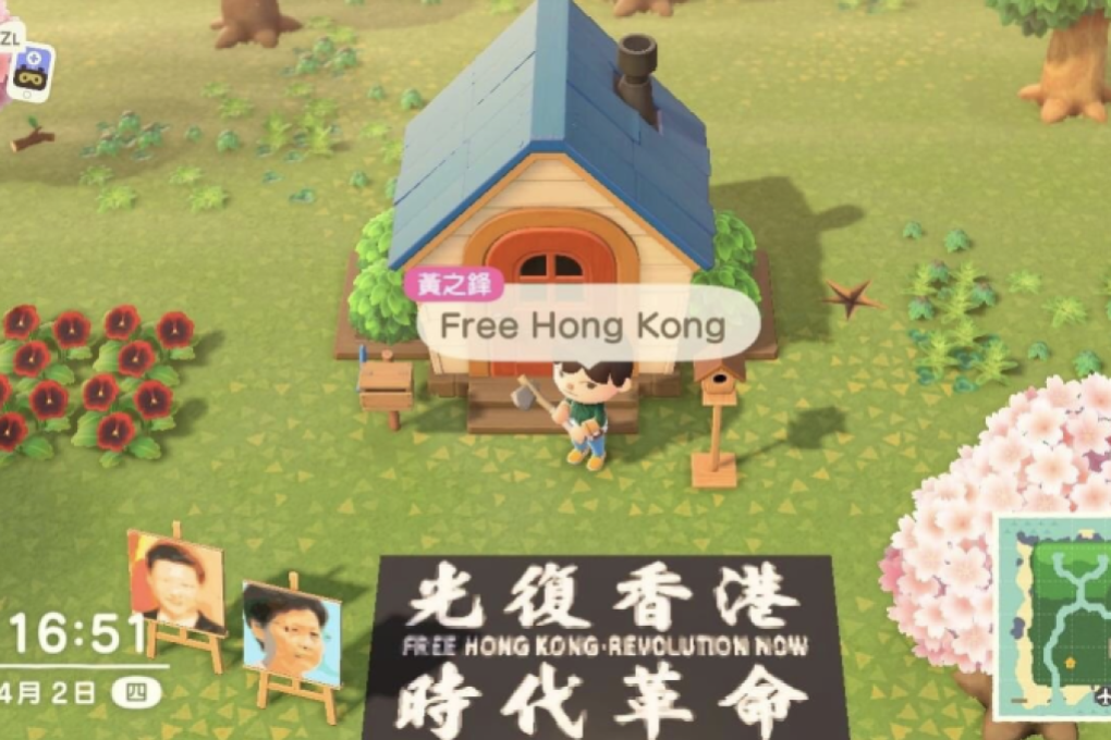 Familiar slogans from the Hong Kong protests that started last summer began popping up in Animal Crossing. (Picture: Joshua Wong/Twitter)