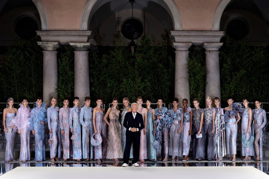 King of Italian fashion Giorgio Armani with his nymphs wearing the ethereal and feminine Spring/Summer 2020 collection.