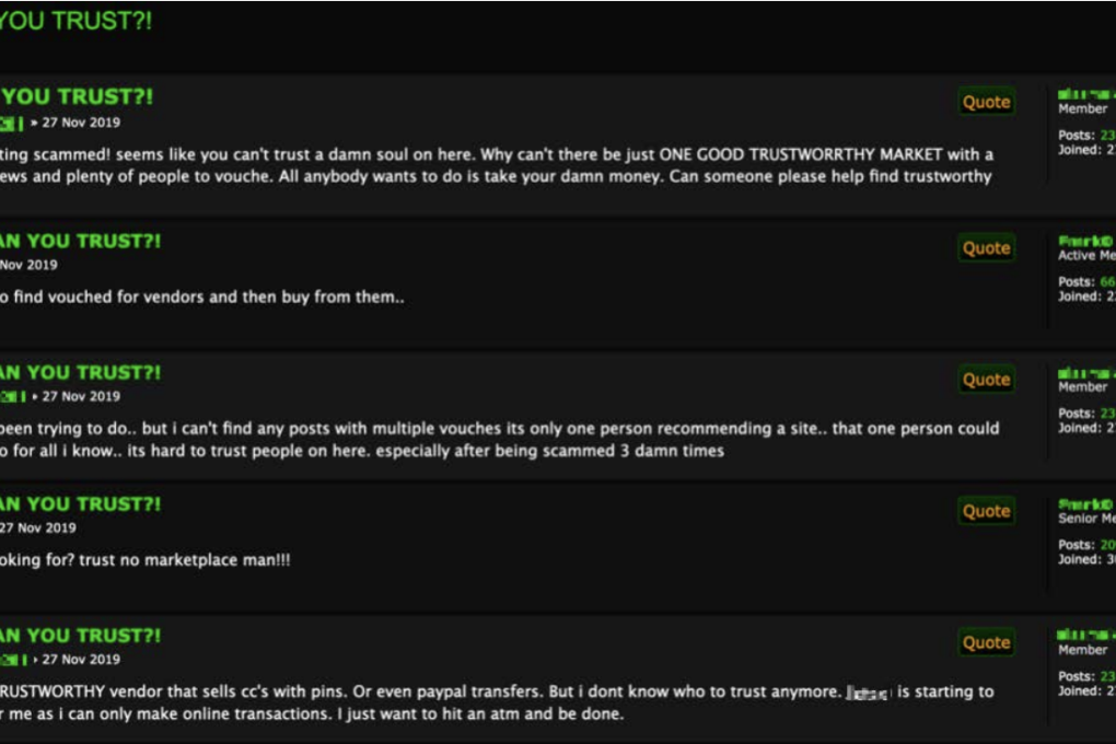 Posts on Torum, a crypto-driven and self-governing forum, wondering which dark web marketplaces can still be trusted. (Picture: Trend Micro)