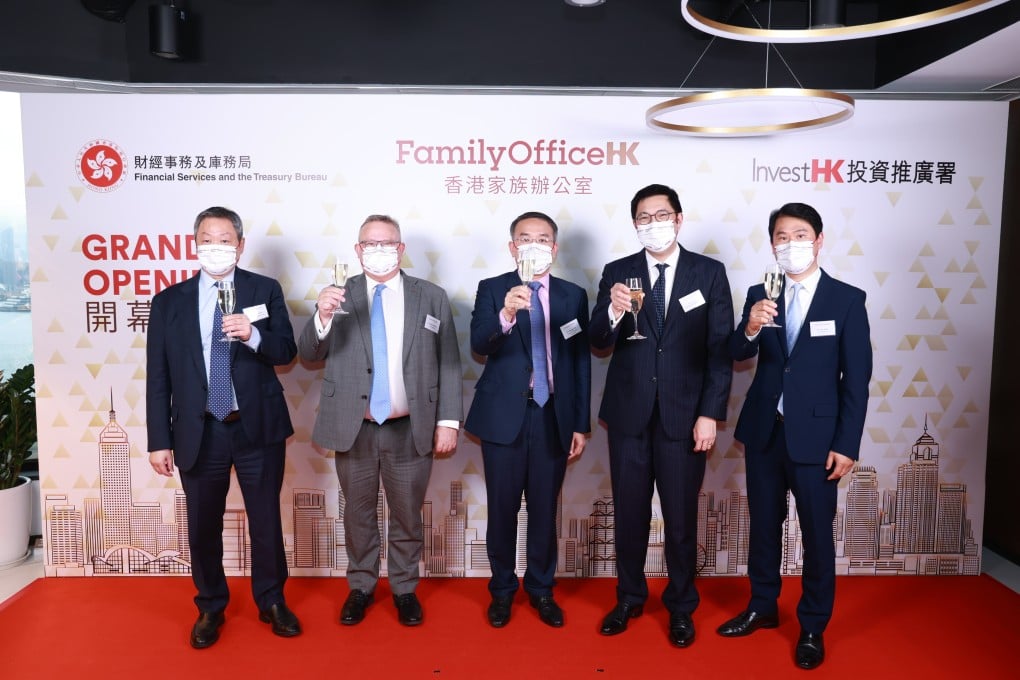 Invest Hong Kong (InvestHK) announced on June 29 the opening of the independent office of its dedicated FamilyOfficeHK team. From left: the Chairman of the Financial Reporting Council, Dr Kelvin Wong; the Director-General of Investment Promotion at InvestHK, Mr Stephen Phillips; the Secretary for Financial Services and the Treasury, Mr Christopher Hui; the Chairman of the Financial Services Development Council, Mr Laurence Li; and the Head of Financial Services and Global Head of Family Office at InvestHK, Mr Dixon Wong.