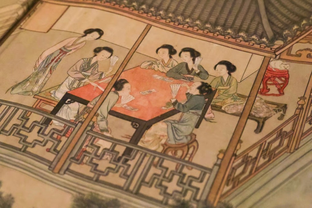 In this section of a 13-metre hand scroll from the Qing dynasty, women are seen playing “madiao”, a Chinese card game. The scroll is on show in “Women and Femininity in Ancient China -Treasures from the Nanjing Museum” at the Hong Kong Heritage Museum in Sha Tin. Photo: K. Y. Cheng