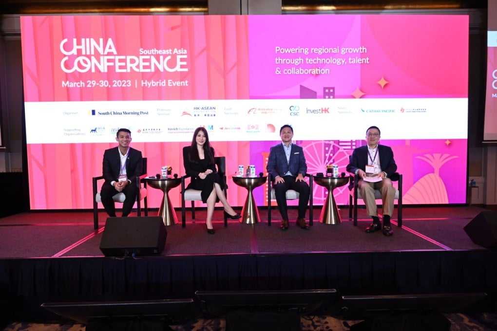 [from left] South China Morning Post’s Senior Reporter Dewey Sim moderated a panel discussion, Investing for generations: the rise of family offices in Asia at China Conference: Southeast Asia 2023 on March 30, 2023 in Singapore. Panellists included Agnes Chen, Managing Director of APAC Region for Fund Services, CSC; Chi-man Kwan, Group Chief Executive Officer and Co-Founder of Raffles Family Office and Lawrence Lok, Chief Financial Officer of Hywin Holdings.