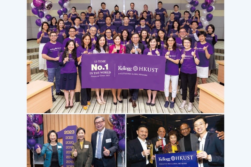 Top photo: HKUST President Professor Nancy IP (front row, fourth left), KH EMBA Academic Director Professor HUI Kai Lung (front row, fifth left), Program Director Ms Judy AU (front row, third left) and KH EMBA students celebrate the program clinching the World No.1 position for the 12th time.