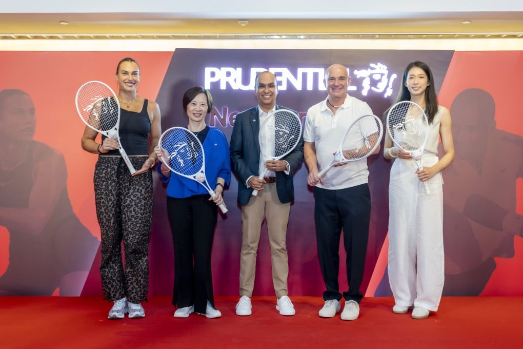 In order from left to right: Aryna Sabalenka (WTA World No. 1 Tennis Player in Women’s Singles), Angel Ng (Prudential Regional CEO, Greater China), Anil Wadhwani (Prudential Group Chief Executive), Andre Agassi (Tennis legend and Founder of the Andre Agassi Foundation for Education) and Vivian Kong (Hong Kong Olympic Gold Medalist in Fencing)