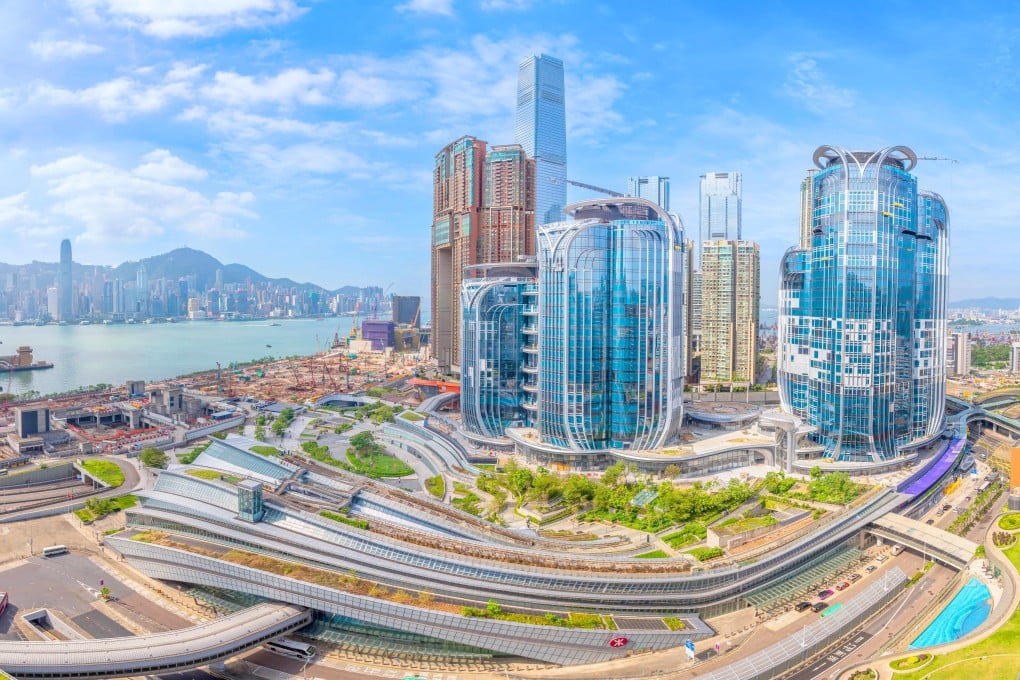 An aerial view of West Kowloon showing the International Commerce Centre (ICC), the upcoming International Gateway Centre and Artist Square Towers overlooking Victoria Harbour.
