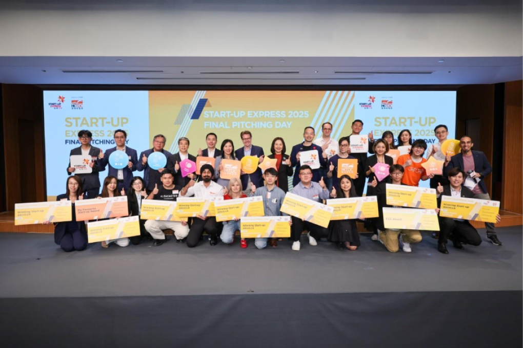 Winners and judges gathered on stage at the Start-up Express 2025 Final Pitching Day.