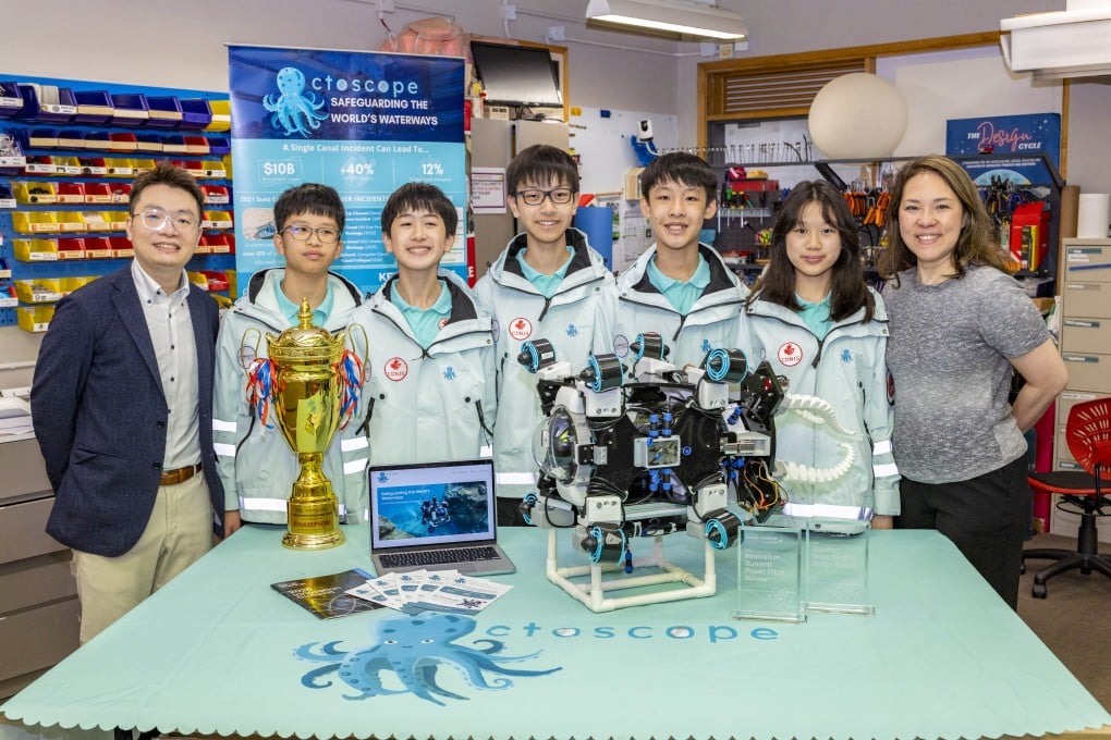 The OctoScope team with their teachers. From left: Kenneth Tang, Shou Jeng (CEO), Max (COO), Lucas (CTO), Caden (CFO), Season (CMO) and Vivian Fung with their underwater robot at Canadian International School of Hong Kong.