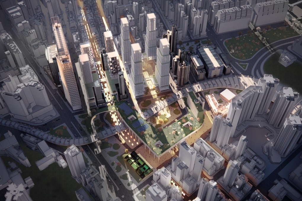 Aerial rendering of the winning proposal “Heartbeat of the City, Voices of the Streets”, showing the continuous green deck spanning the Gascoigne Road Flyover to link public spaces and preserve Yau Ma Tei’s street character.