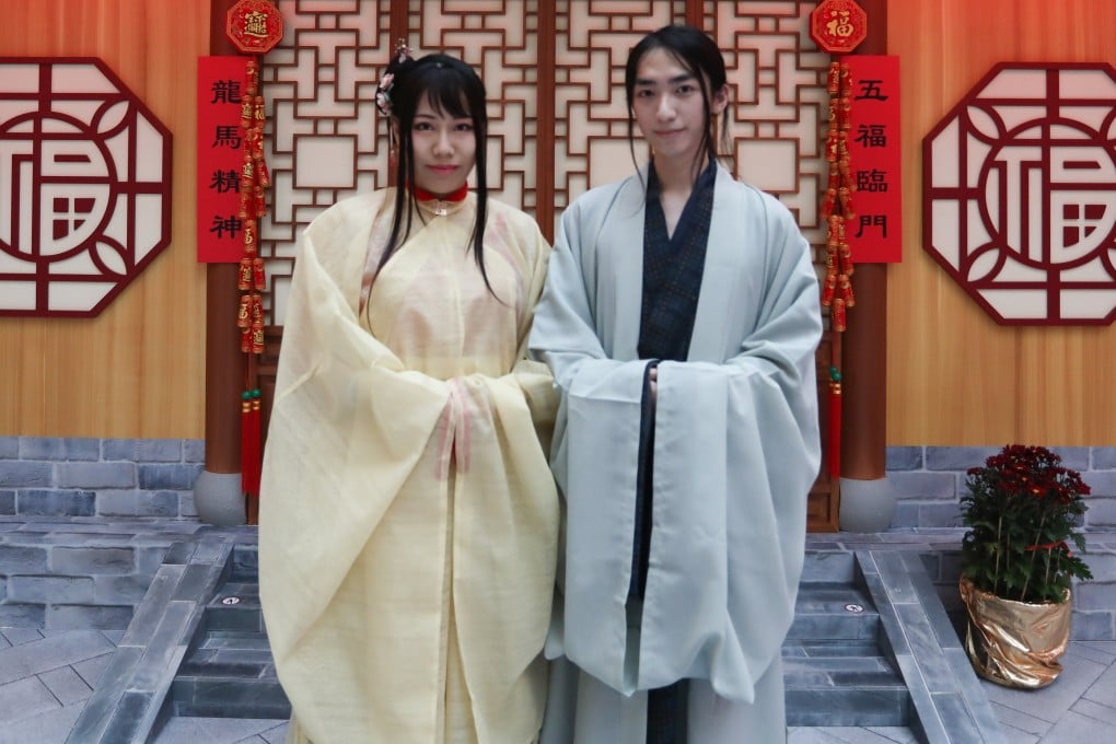Hong Kong traditional hanfu culture lovers Veronica Kam (left) and Jerry Tsang attend a Hanfu culture exhibition at Olympian City 2 in West Kowloon, Hong Kong. Photo: Jonathan Wong