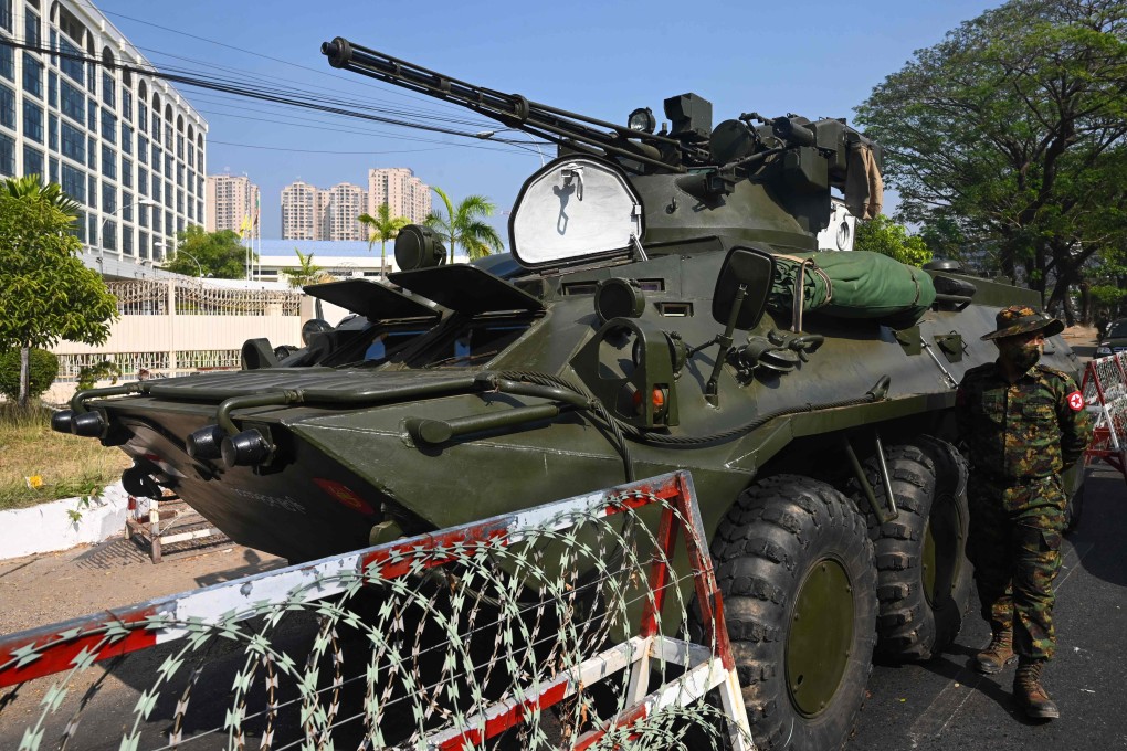 An armoured vehicle patrols Yangon during a protest against
the military coup in Myanmar on February 15. Photo: AFP