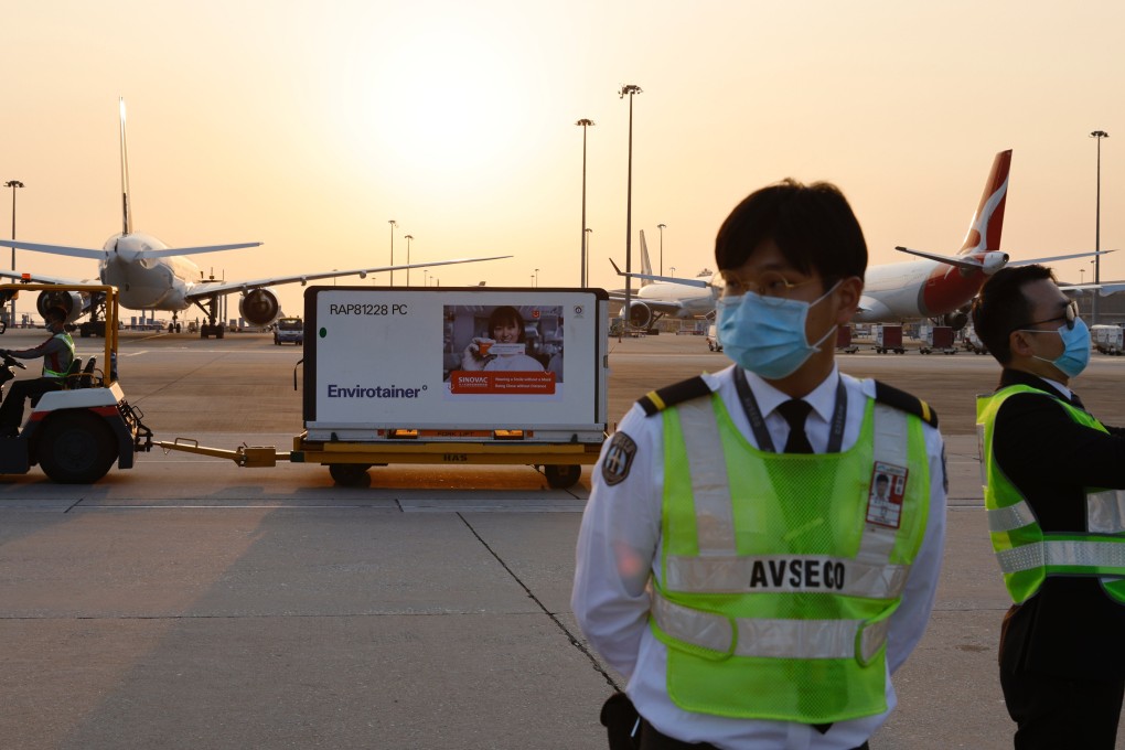 A refrigerated container of Sinovac Covid-19 vaccines arrives at Hong Kong International Airport on February 19. Photo: Bloomberg