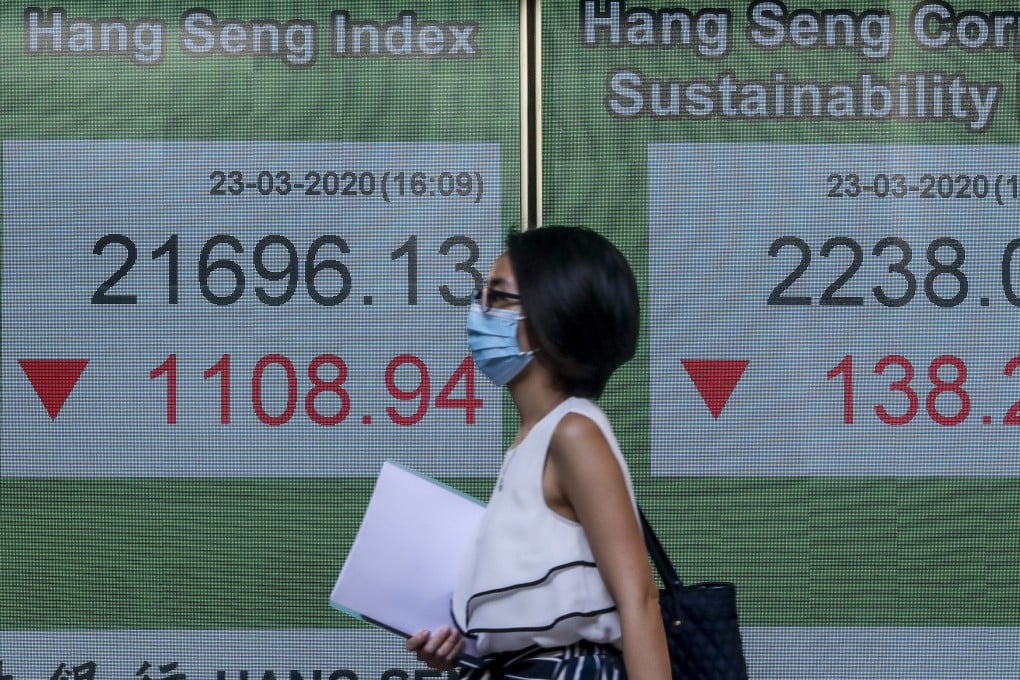 A woman wearing a mask walks past a electronic display of the Hang Seng Index in Central. Women must be a key driver for economic recovery. Photo: Edmond So