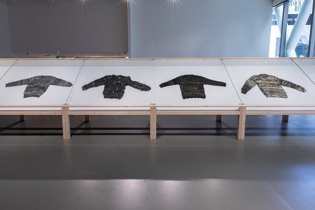 Grassland and Urban sweaters made with human waste and fur shed by animals and turned into yarn, on display in the exhibition “Dai Fujiwara: The Road of my Cyber Physical Hands”, at the Hong Kong Design Institute.