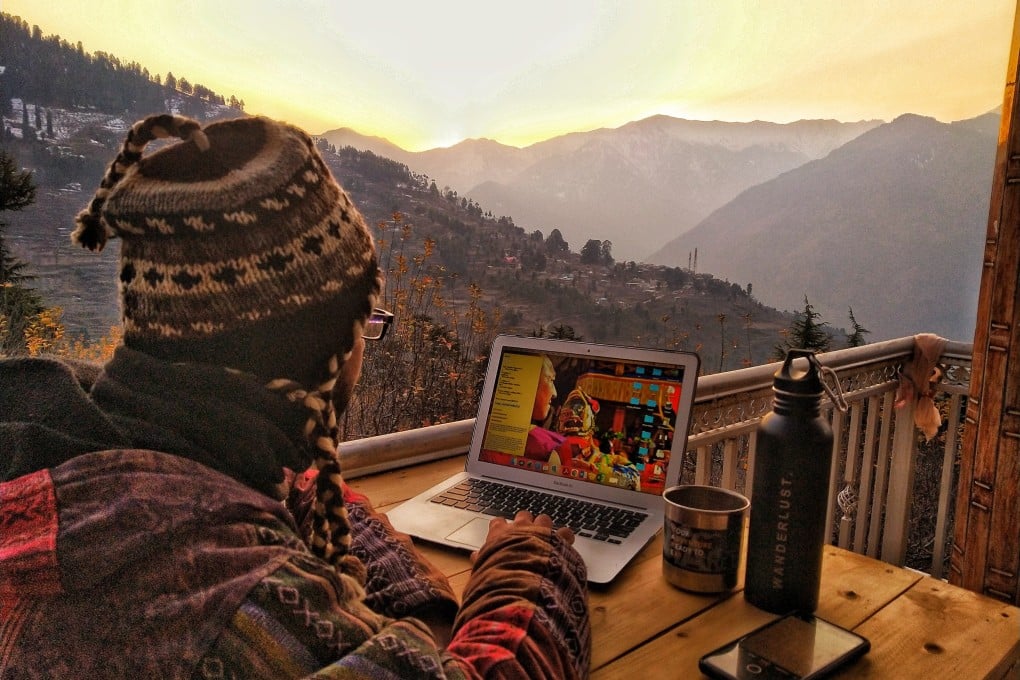 Arnav Mathur, a digital travel content creator from Delhi, works from his hostel in Manali, a resort and tourist town in the Indian Himalayas. Photo: Arnav Mathur