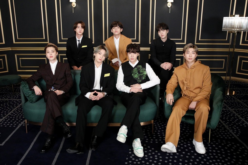 BTS appear at the 2021 Grammy Awards in  a video link from South Korea. Credit: RIAA