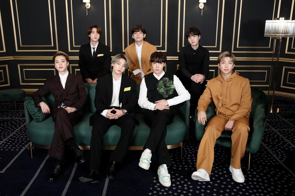 BTS appear at the 2021 Grammy Awards in a video link from South Korea. Credit: RIAA